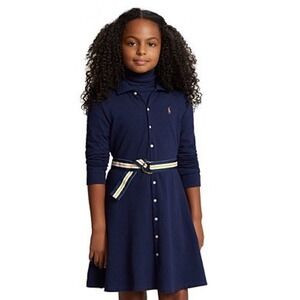 Polo Ralph Lauren Girls Navy Blue Long Sleeve Belted Pique Polo Dress  M 8-10